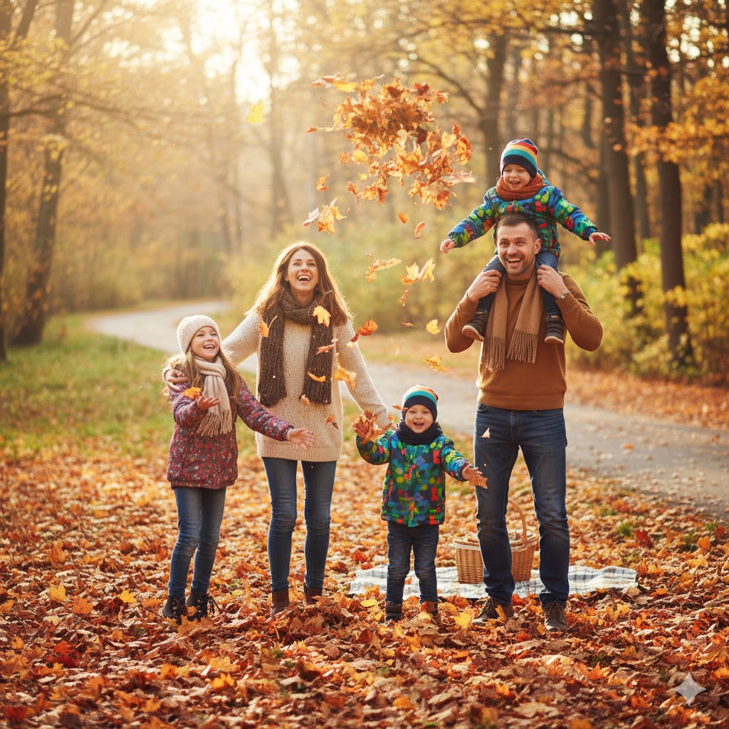 Družina uživa v jesenskih radostih.