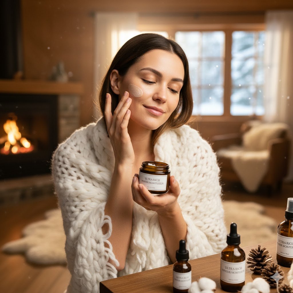 Ženska si nanaša kremo na obraz v zimskih dneh.